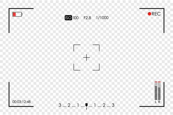 Kamera çerçevesi görüntüleyici. Video kaydedici ekran, saydam arkaplanda video kamera dijital görüntü şablonu. Vektör illüstrasyonu.