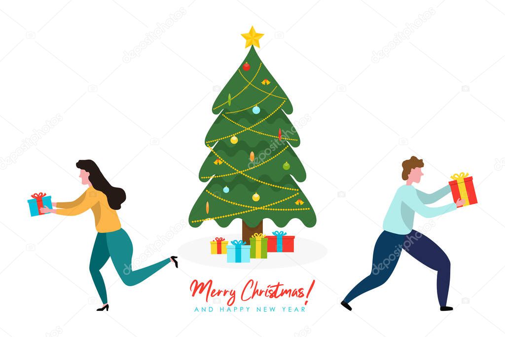 Merry Christmas and Happy New Year illustrations with decorated Christmas tree and people with gift box. Holiday poster in flat design. Vector.