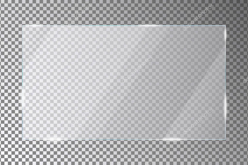 Glass plate on transparent background. Acrylic or plexiglass plates with gleams and light reflections in rectangle shape. Vector illustration.