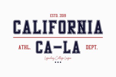 California Üniversitesi tişört grafikleri. Takım tişörtü, spor giysi baskısı. Los Angeles eski pulu. Vektör illüstrasyonu.