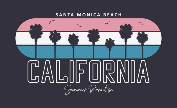 California Santa Monica Spiaggia Tipografia Grafica Design Shirt Con Palme — Vettoriale Stock