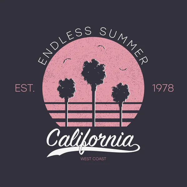 California Ontwerp Voor Shirt Met Palmbomen Zon Meeuw Vogels Typografie — Stockvector