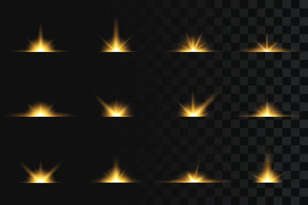 Набор Взрывающихся Вспышек Вспышек Звезд Желтых Бликов Прозрачном Фоне Эффект — стоковый вектор