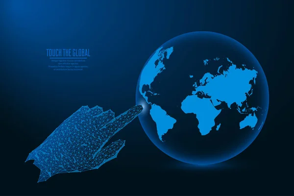 Ανθρώπινο Χέρι Χέρι Αγγίζει Τον Πλανήτη Πολυγωνικό Πλέγμα Wireframe Της — Διανυσματικό Αρχείο