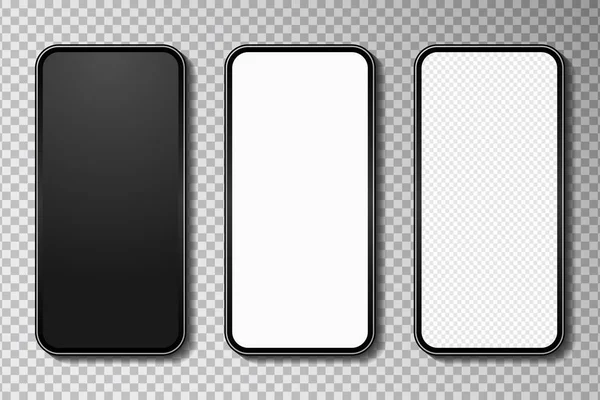 Realistic Smartphone Mockup Set White Blank Transparent Screen Shadow Mobile — Stock Vector