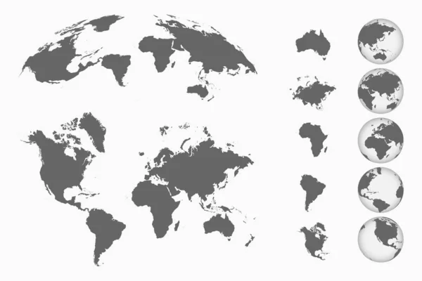 Mapa Mundo Definido Globos Terra Diferentes Lados Mapas Continentes Mapa — Vetor de Stock