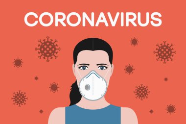 Roman Coronavirus - 2019-Ncov. Beyaz tıbbi maskeli ve uçan virüs hücreli bir kadın. Çin 'de koronavirüs kavramı. Vektör illüstrasyonu.