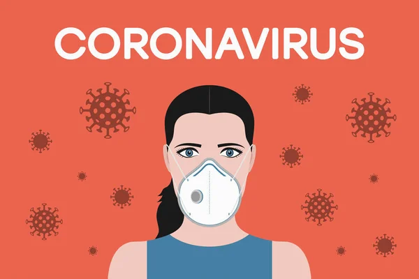 Novel Coronavirus 2019 Ncov Žena Bílou Maskou Létajícími Virovými Buňkami — Stockový vektor