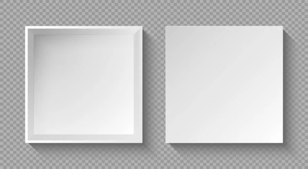现实的盒子顶部视图 阴影透明的背景 3D纸盒纸正方形 空开放纸板模型 打开礼品盒或白色空白包装 纸制方块容器矢量说明 — 图库矢量图片
