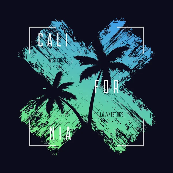 California Shirt Typografie Met Kleur Grunge Achtergrond Palmbomen Silhouetten Trendy — Stockvector