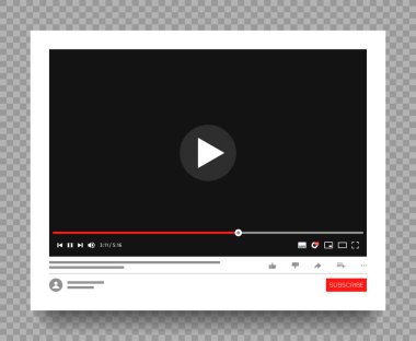 Sosyal medyanın multimedya oynatıcısının arayüzü. Video ya da video kanalı olan bir site sayfası. Gölgeli transparen arkaplan modeli. Vektör illüstrasyonu.