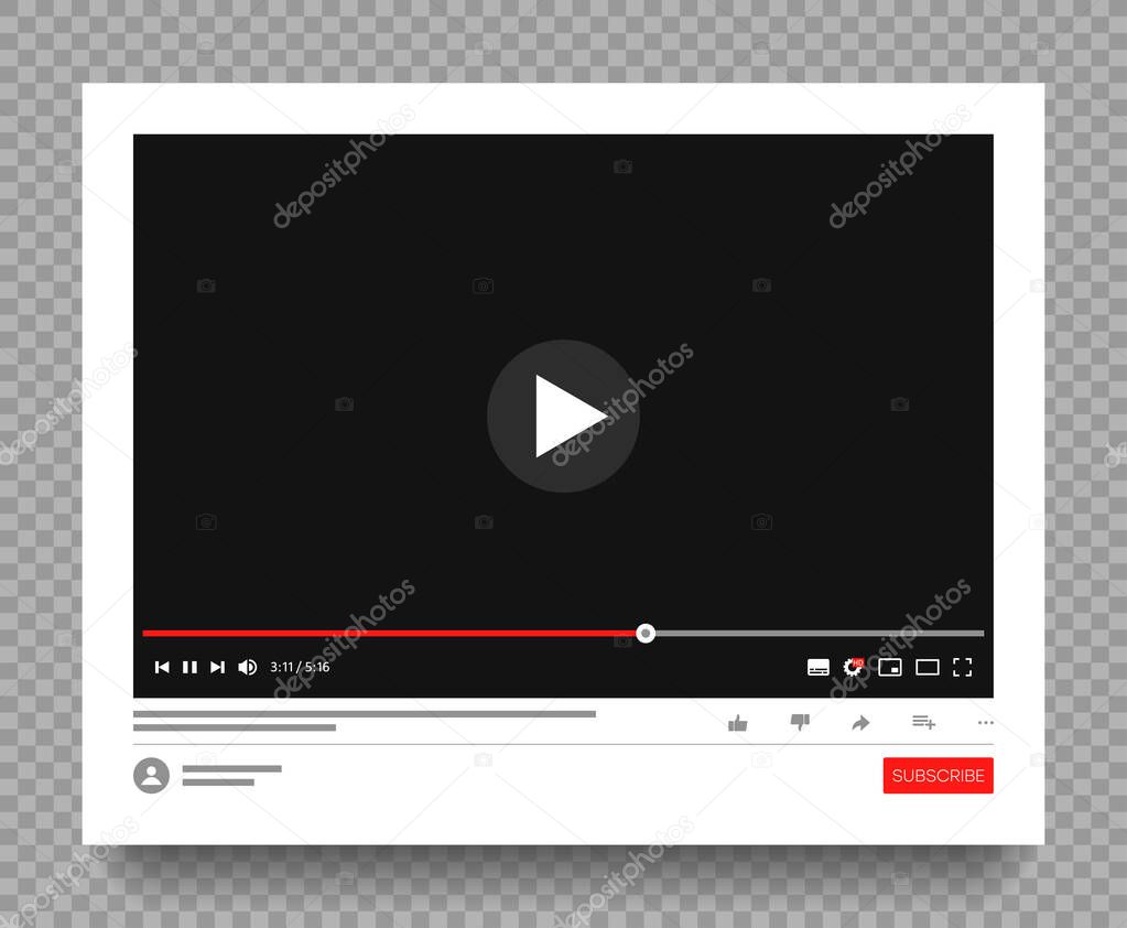 Interface of multimedia player of social media. Website page with playing video or video channel. Mockup on transparen background with shadow. Vector illustration.