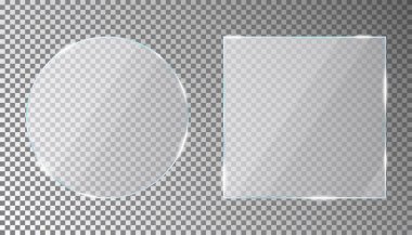 Şeffaf arkaplanda daire şeklinde ve kare şeklinde cam plakalar. Parıltılı ve ışık yansımalı akrilik ya da pleksiglas plaka. Vektör illüstrasyonu.