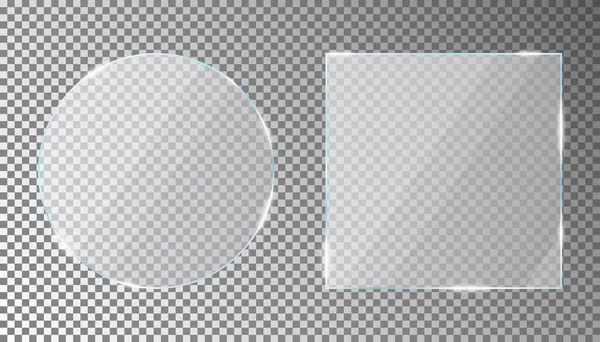 透明な背景に円と正方形の形にセットされたガラスプレート グレムや光の反射とアクリルやプレキシガラスのプレート ベクターイラスト — ストックベクタ