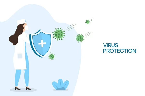 Coronavirus koruması. Virüs koruması için güvenlik kalkanı olan kadın doktor. Hemşire Coronavirus hücreleriyle savaşıyor. Aşı kavramı ve COVID-19 salgınını durdurmak. Vektör illüstrasyonu.