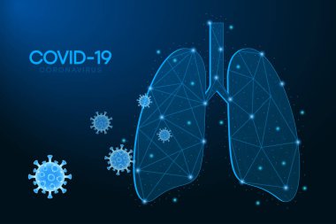 Coronavirus hücreleri insan akciğerlerine saldırır. Covid-19 konsepti mavi arka planda düşük çokgen kablo örgüsü ile yapılmış. Ciğerli 2019-NCoV illüstrasyon. Solunum sistemi, ilaç. Vektör.