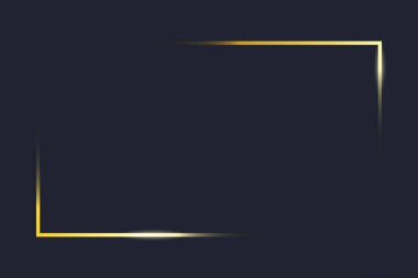 Şeffaf altın çerçeve açıları. Koyu mavi arka planda altın çerçeveli elementler. Sınırın köşelerinde parlak ışık ve ışık efektiyle dikdörtgen yap. Vektör illüstrasyonu.