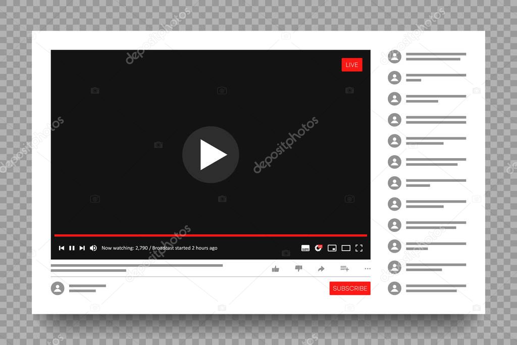 Interface of live streaming multimedia player of social media. Template of website page with broadcasting or live stream. Online streaming window. Mockup on transparent background with shadow. Vector