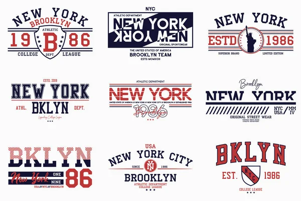 Tシャツのためのニューヨークのスローガンプリント ブルックリンのセット 大学のティーシャツのタイポグラフィのグラフィック 様々なアパレルデザインのためのNyスタンプコレクション ベクトル — ストックベクタ