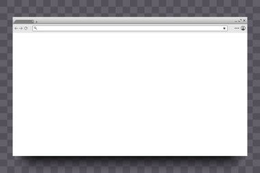 Tarayıcı penceresinin arayüzü. Web sitesi sayfası, web pencere ekranı. Modern internet tarayıcısı. Şeffaf arka planda gölgeli bir model. Vektör illüstrasyonu.