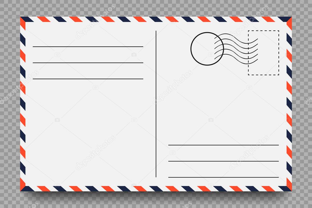 Postcard. Vintage postcard with place for stamp and address. Template on transparent background with shadow. Vector illustration.