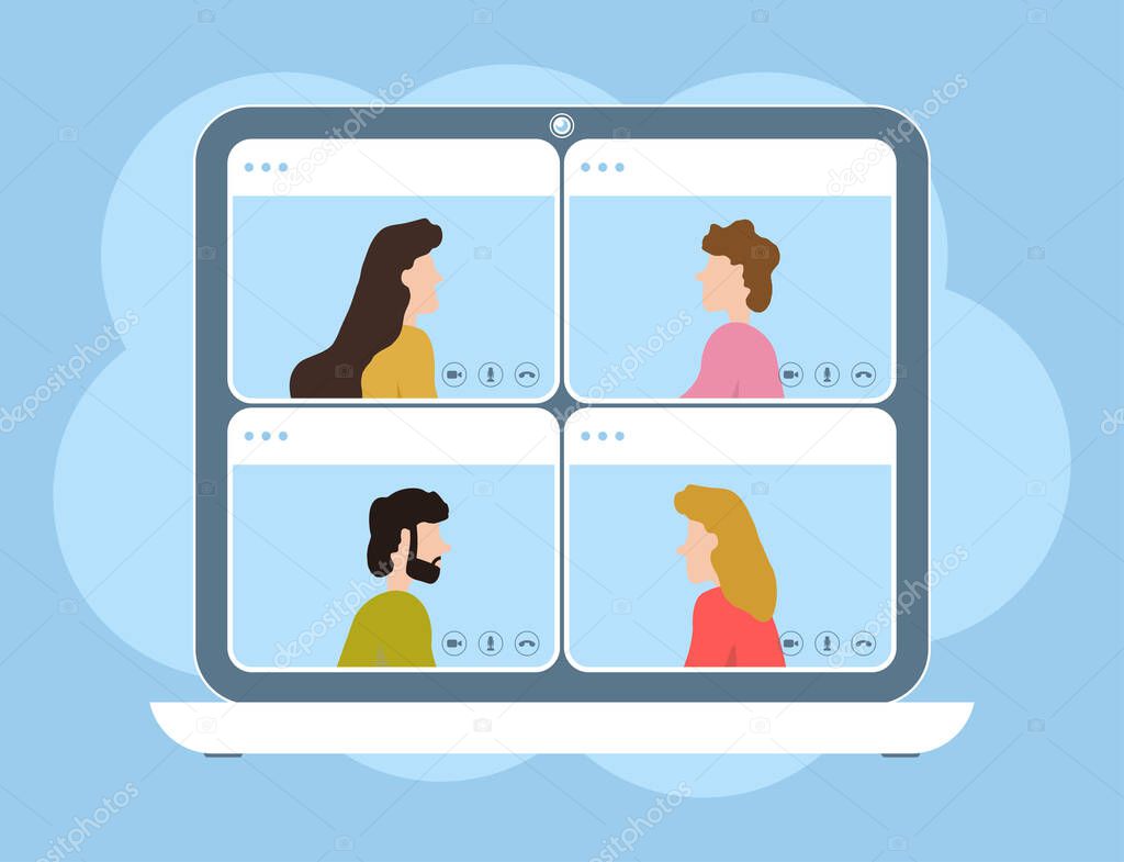 Video call conference. Concept of online meeting, working from home and learning at distance. Webcam online video calling on laptop. Flat vector illustration.