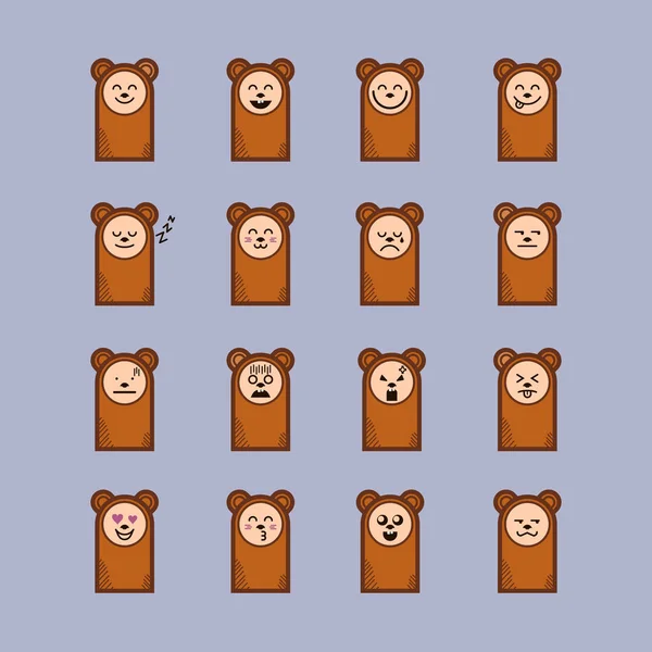 Conjunto de desenhos animados urso adesivos emoticons. Desenho de caracteres. Emoções do rosto urso —  Vetores de Stock