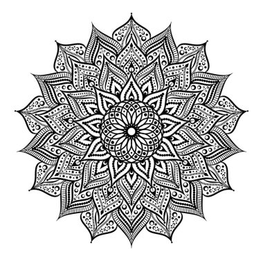Siyah ve beyaz yuvarlak daire dantel desen mandala. Vektör çizim.