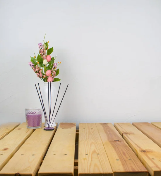 Interior Composition Home Ceramic Vase Flowers Wood Table White Wall — Stock Photo, Image