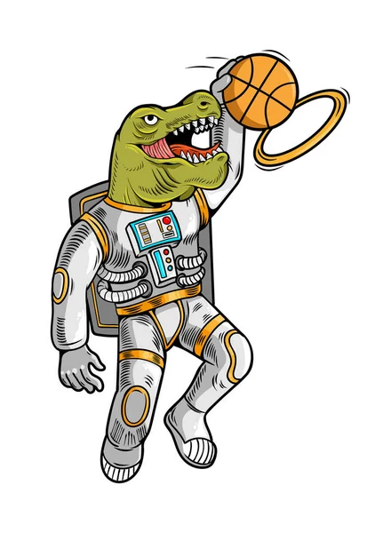 Astronaut t rex which play basketball — Stock Vector