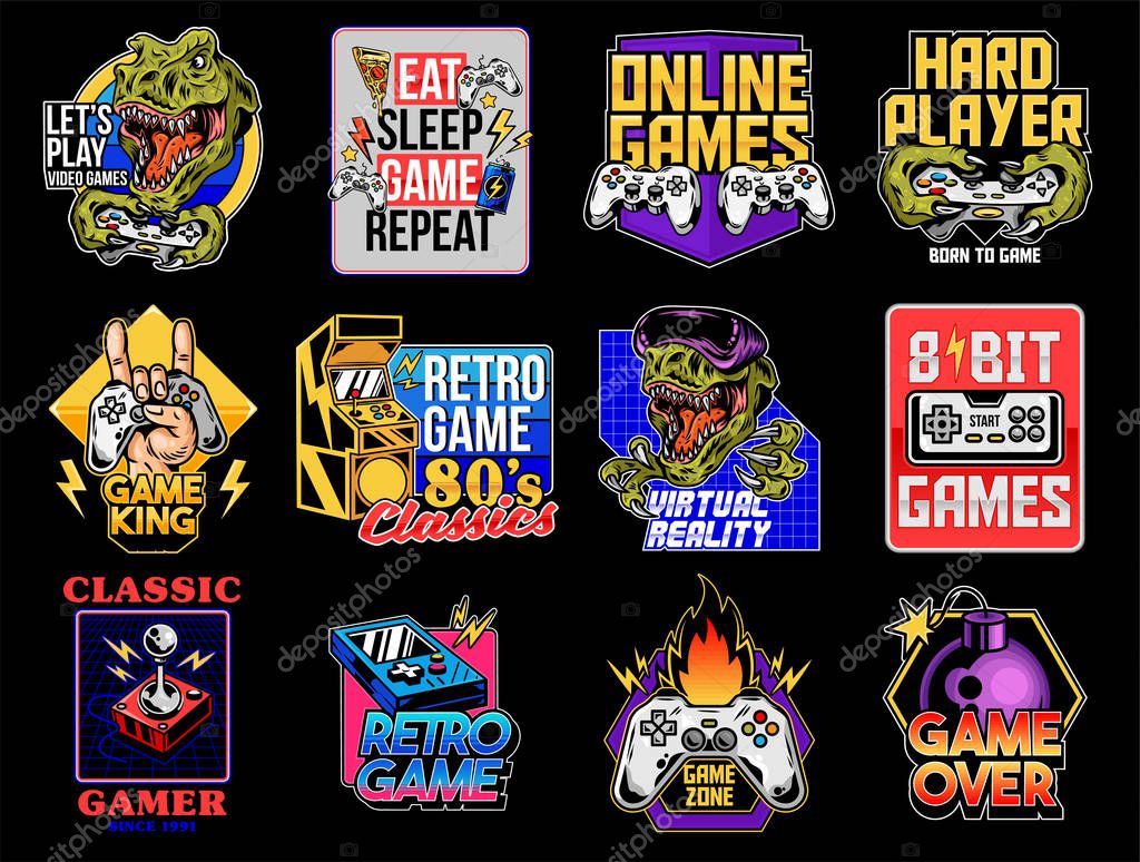 Game design logo set collection of video game geek culture gamer elements bundle. Vector illustration for print design apparel poster. Joystick game controller VR glasses lettering old game machine.