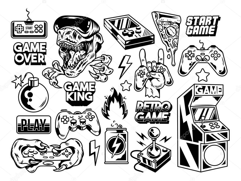 Custom design set collection of retro vintage video game geek culture gamer elements bundle Cartoon illustration for print design apparel Joystick game controller VR glasses lettering old game machine