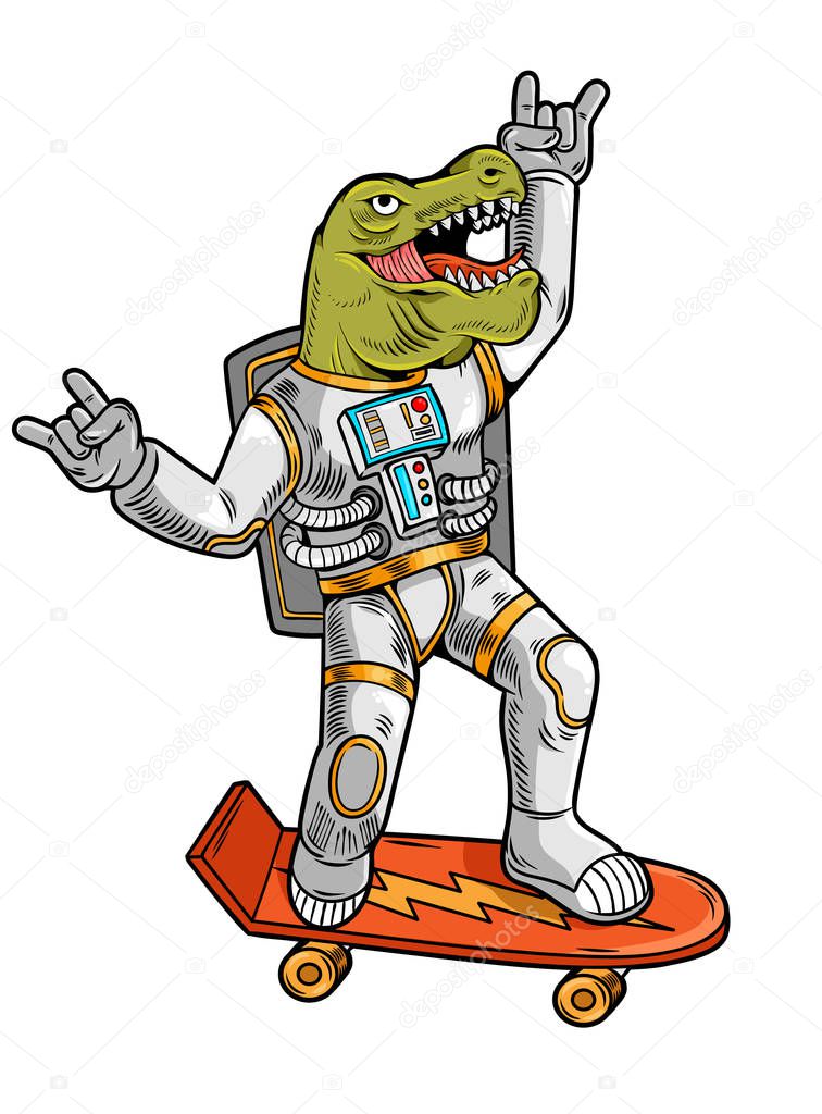 tyrannosaurus ride on skateboard in space suit
