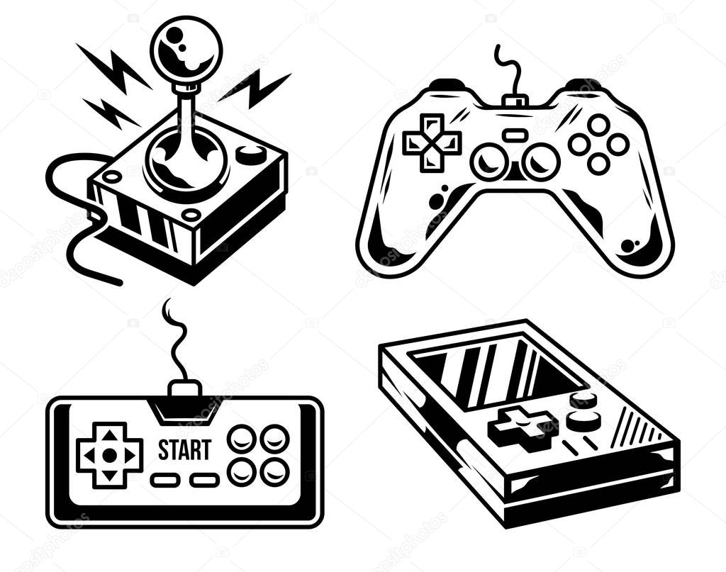 Custom design set collection of retro vintage and new modern video game controller machines icons joysticks gamepads bundle for play arcade video game. Elements of geek culture print design for gamers