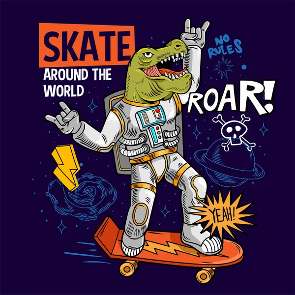 Dino green t rex ride sur skateboard spatial — Image vectorielle