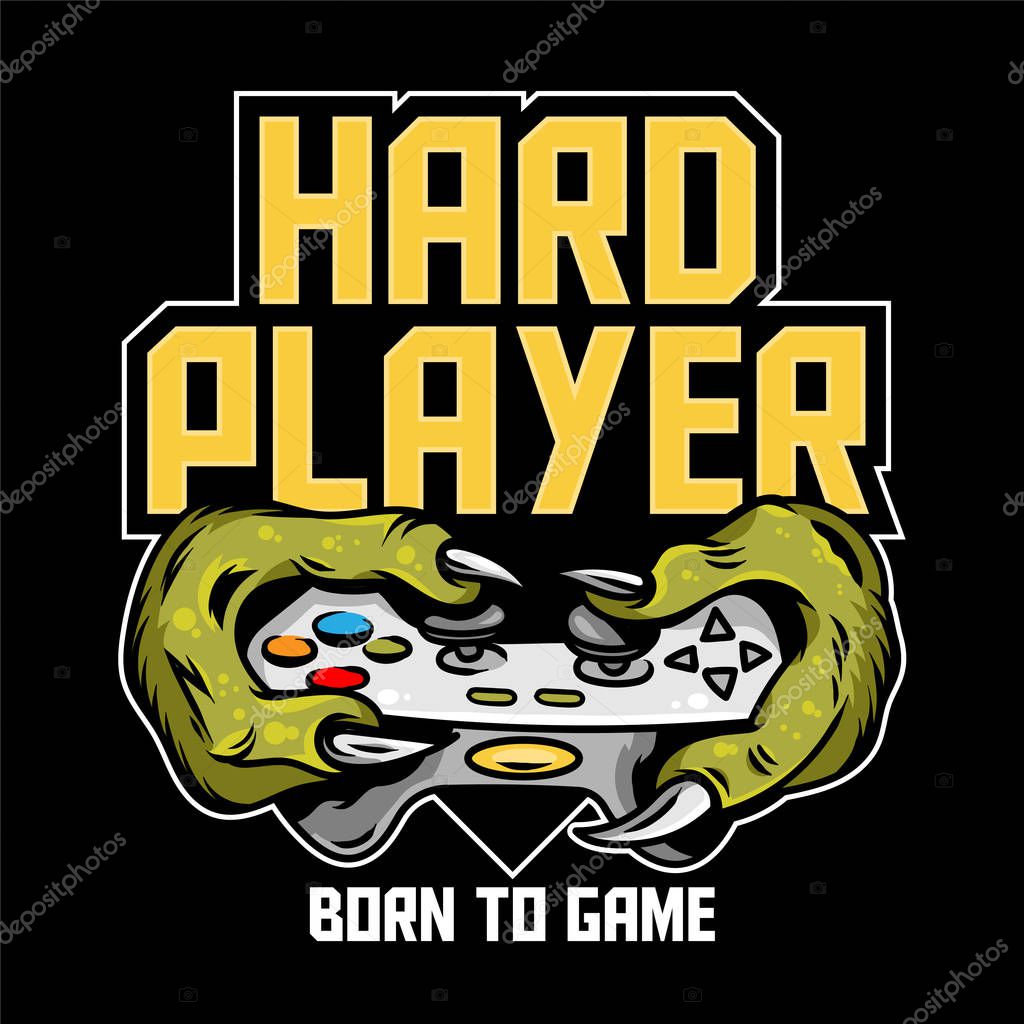 Hard player gamer hands of green monster dinosaur T-REX which keep gamepad joystick controller and play video game. Custom icon print design illustration for geek culture people t-shirt design apparel