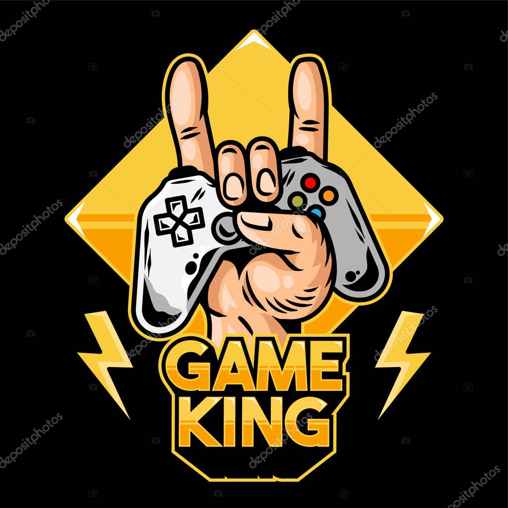 Hand of game king which keep modern gamepad joystick game controller for play video game and show rock sign. Clothes t-shirt design vector illustration with geek culture icon print apparel for gamer.