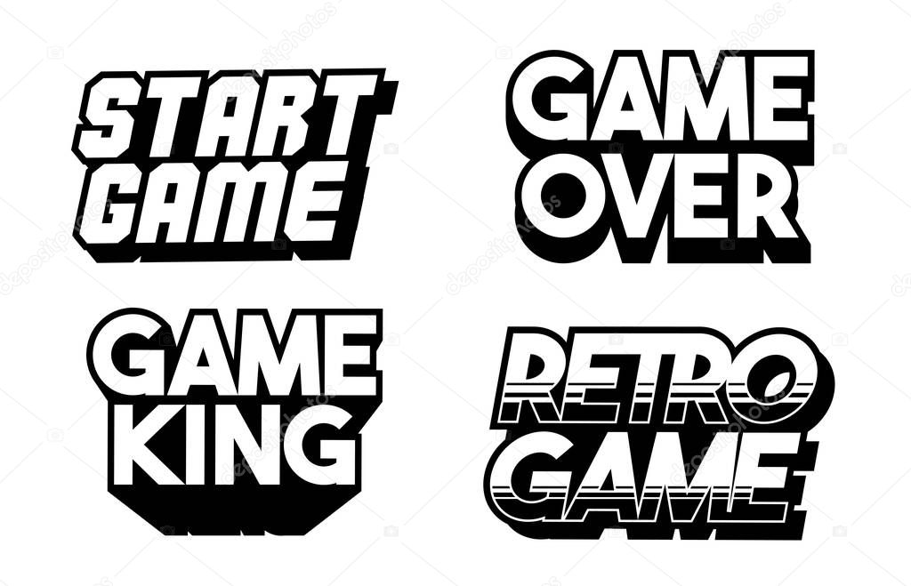 Lettering game design set collection of classic retro game phrases for gamers geek culture elements bundle. Cartoon vector text illustration for print design merch apparel. Classic inscriptions.