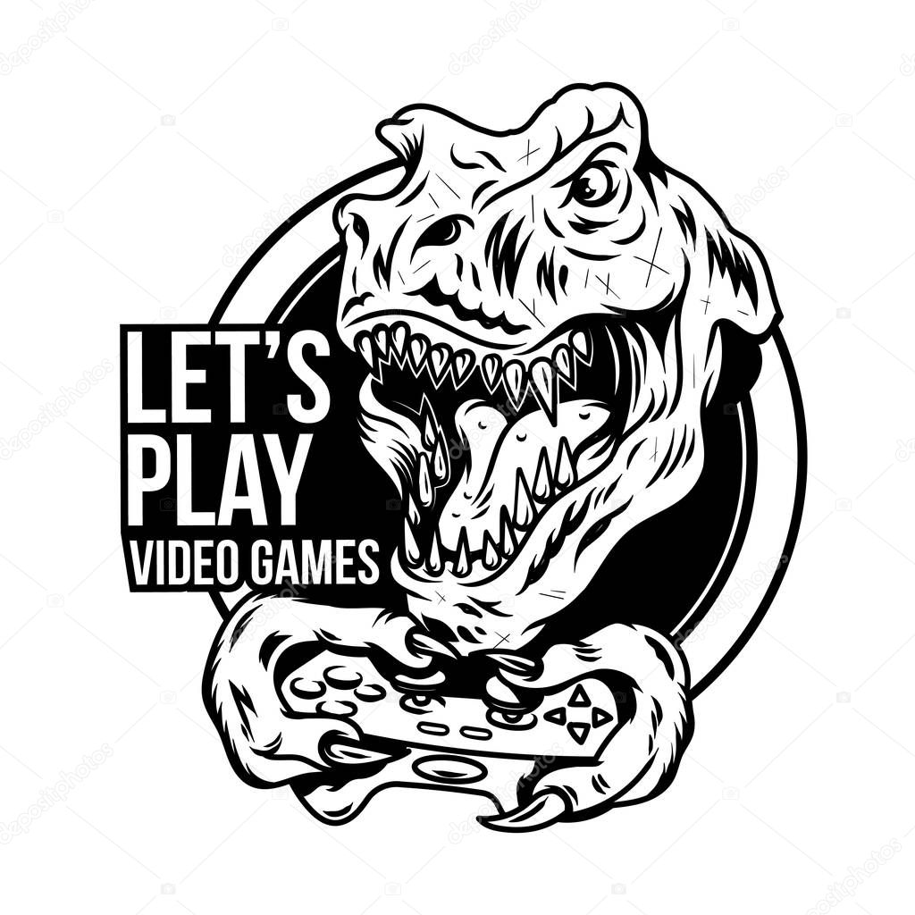 T rex angry dinosaur gamer which play game on joystick gamepad controller for arcade video game. Custom mascot sport logo design vector illustration. Print design of geek culture for t shirt apparel.