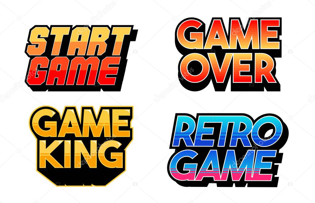 Lettering game design set collection of classic retro game phrases for gamers geek culture elements bundle. Cartoon vector text illustration for print design merch apparel. Classic inscriptions.