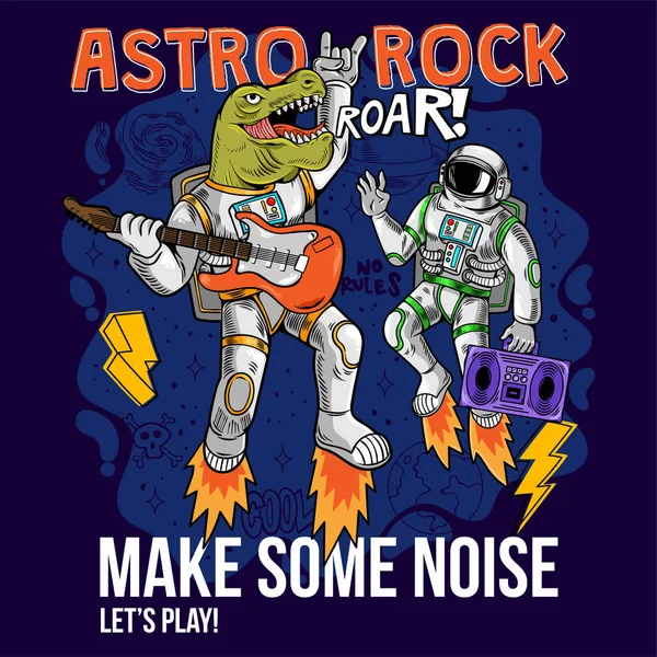 Dino T-Rex и Spaceman играют астро-рок — стоковый вектор