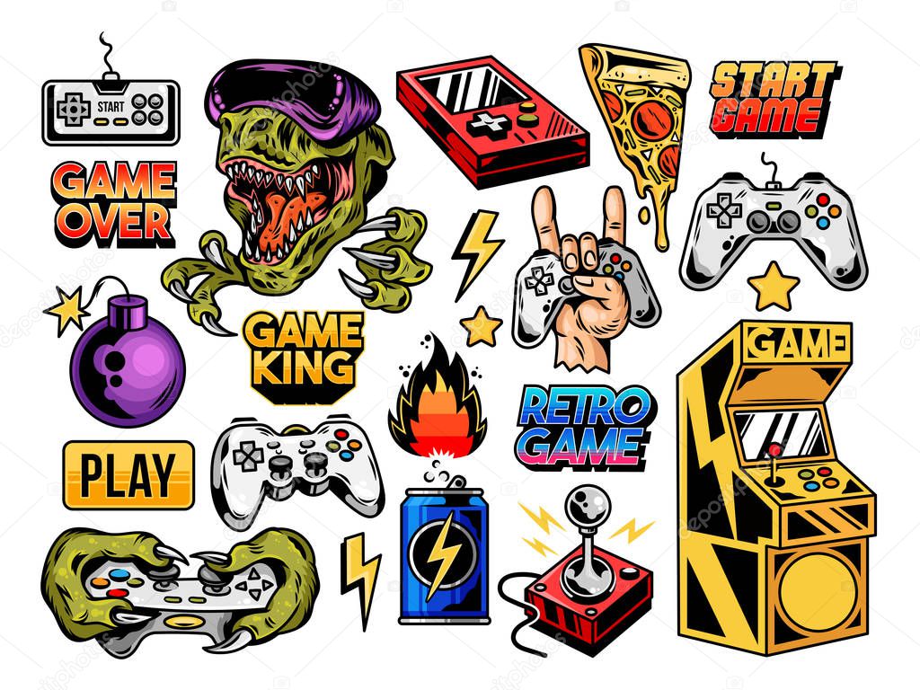 Custom design set collection of retro vintage video game geek culture gamer elements bundle Cartoon illustration for print design apparel Joystick game controller VR glasses lettering old game machine