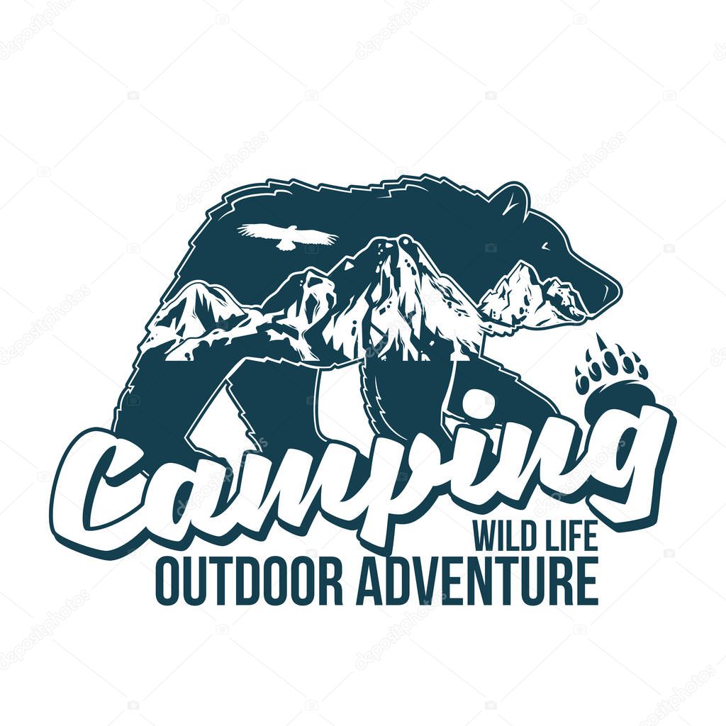 Vintage logo style print design vector illustration with wildlife animal of grizzly bear with great mountains inside the silhouette. Adventure, travel, camping, outdoor, natural, wilderness, explore.