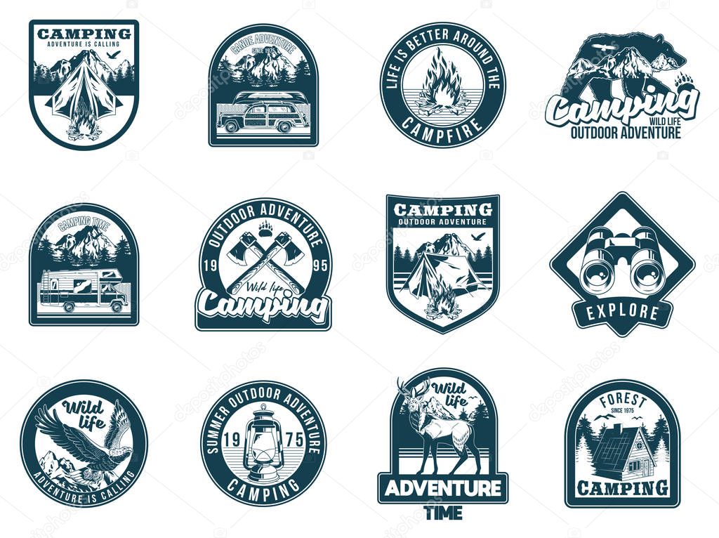 Set collection of vintage camping travel  badges