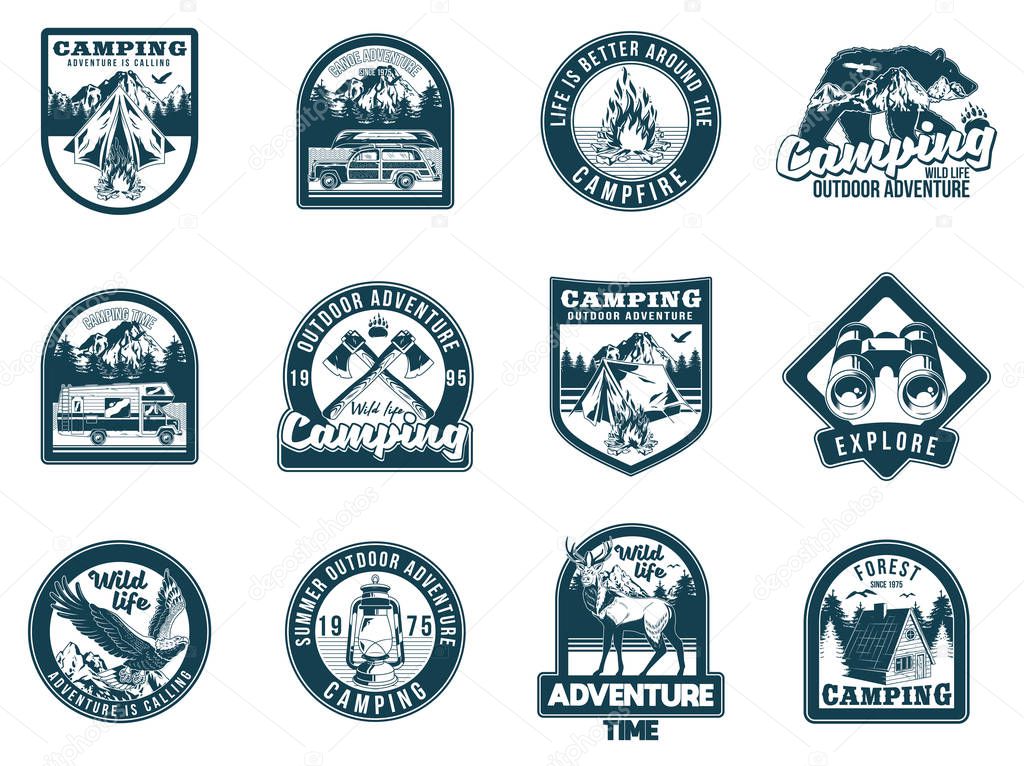 Set monochrome vintage colorful camping travel adventure emblems with eagle mountains river camper wild bear campfire knife forest. Badges sticker design American hipster travel vector illustration.