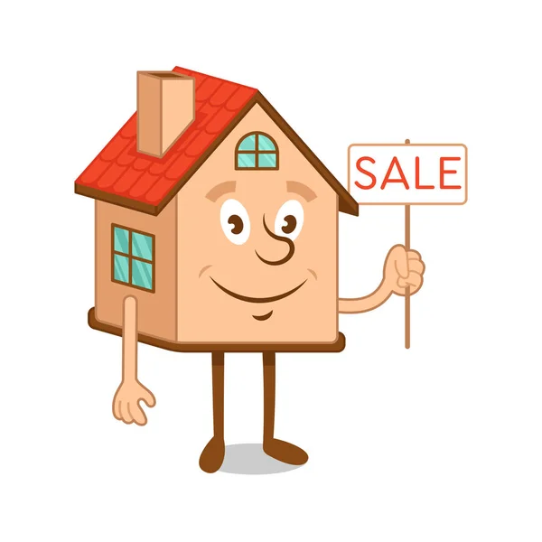 Zeichentrickfigur Haus mit Verkaufsschild — Stockvektor