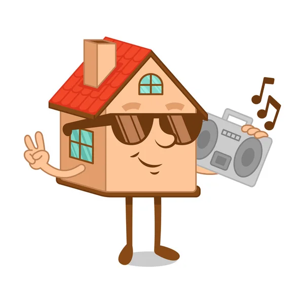 Zeichentrickfigur Haus mit Boombox-Tonbandgerät — Stockvektor