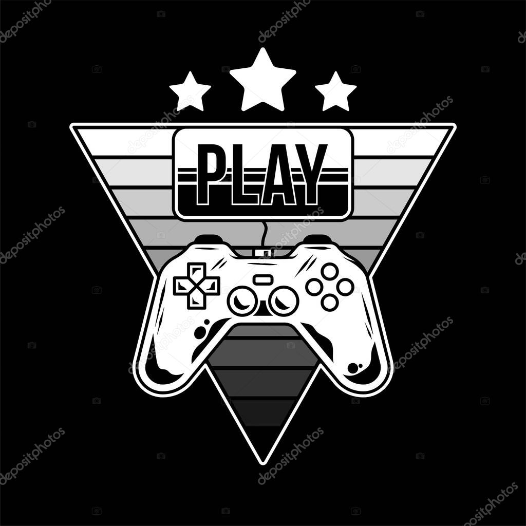 Logo with gamepad for play arcade video game and gold button 
