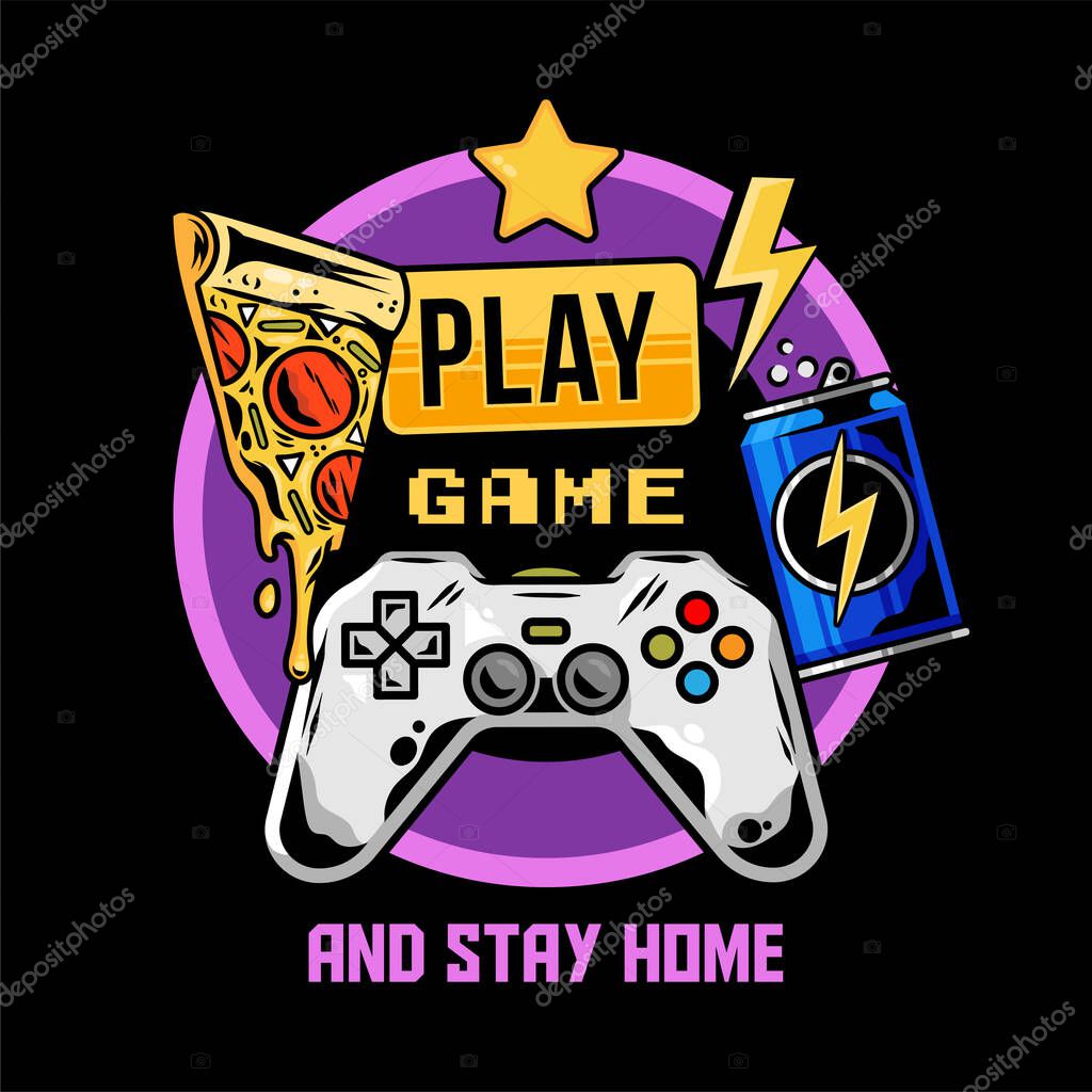 Apparel print design for gamer and geek culture with gamepad joystick for games pizza energy drink and with quarantine isolation style message 