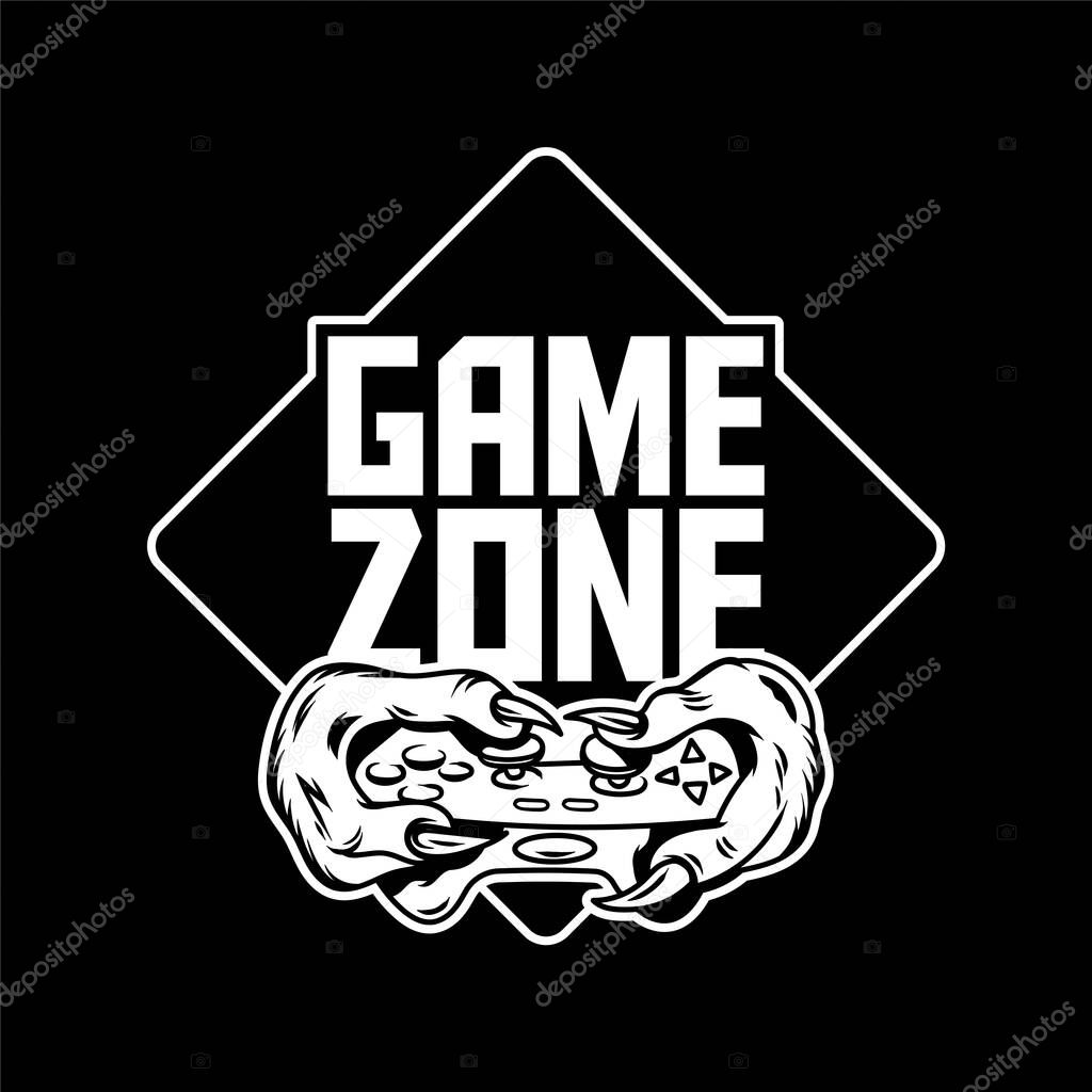 Game zone gamer hands of green monster dinosaur which keep gamepad joystick controller and play video game. Custom icon logo print design illustration for geek culture people t-shirt design apparel